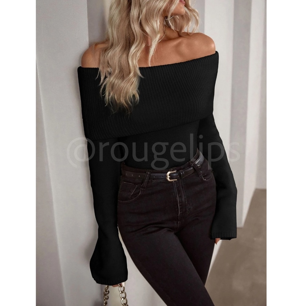 Black Off Shoulder Fold Over Sweater Pullover Knit Long Sleeve